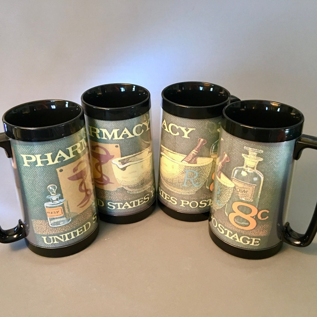 Set of Four Vintage Thermoserv Plastic Insulated Mugs Featuring a