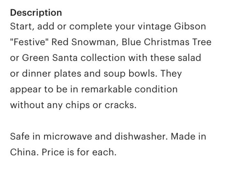 Vintage Gibson "Festive" Red Snowman, Blue Christmas Tree or Green Santa salad or dinner plates and soup bowls - price is for each image 7