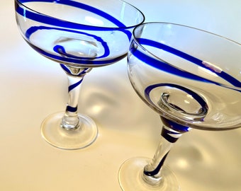 Set of two extra large Pier 1 "Swirline Cobalt Blue" margarita glasses