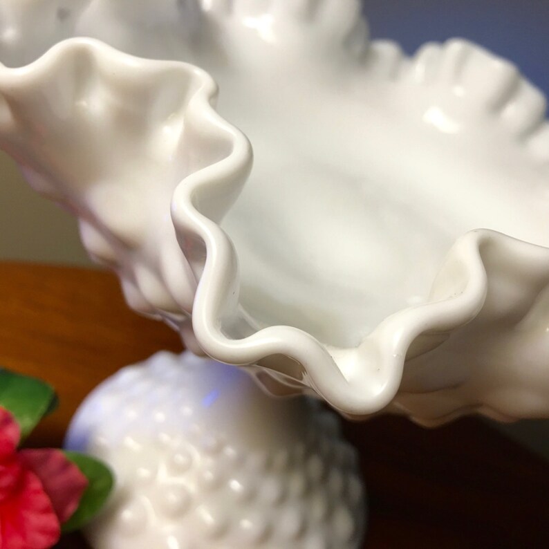 Large Hobnail Milk Glass Candy Compote Dish With Ruffled Edge Etsy