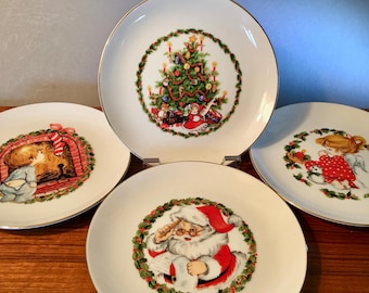 Set of four Christmas 6.5" porcelain plates for display with 22k gold edges made in Japan by Jasco - ready to hang