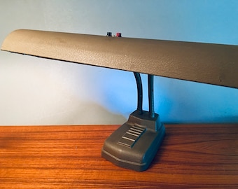 Vintage industrial gooseneck desk lamp featuring large heavy base and fluorescent bulbs - still works!