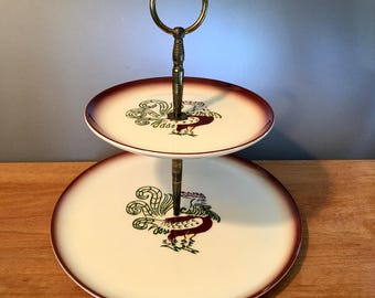 Vintage 1950s Brock "Chanticleer" 2-tier serving plate made in California featuring roosters with a brown faded edge