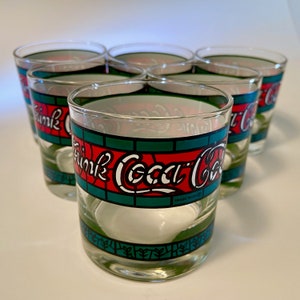 Set of six vintage iconic &quot;Drink Coca-Cola&quot; short tumblers with red and green faux stained glass appearance