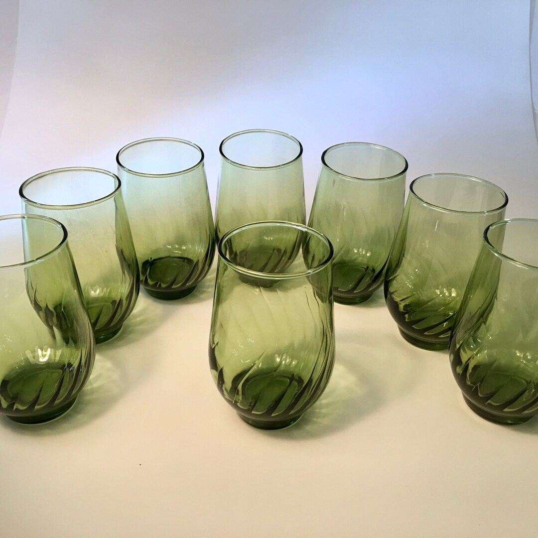 Set of 8 Vintage Wavy Swirly Green Glass Tumblers 4.5 Inches Tall Etsy