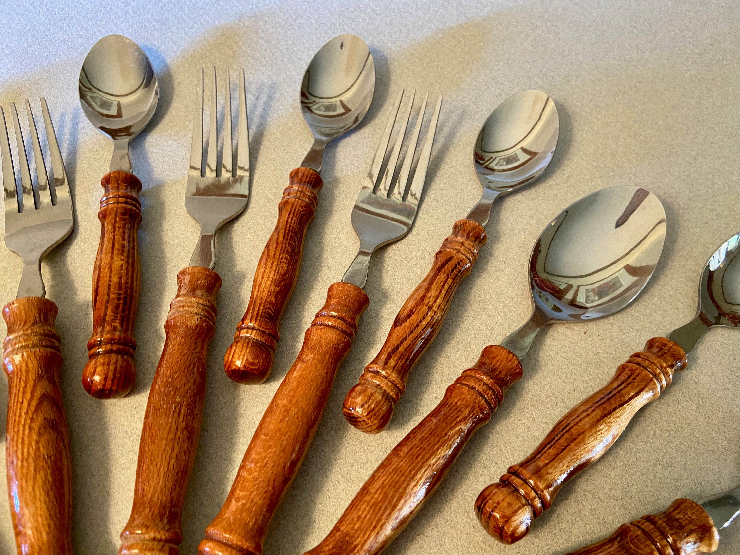 Vintage Stainless Flatware With Wood Spindle Handles Made in