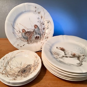 May include: A collection of white ceramic plates featuring detailed illustrations of game birds and a hunting dog. One large plate displays two birds in tall grass, a stack of smaller plates shows a single bird, and a stack shows a hunting dog.