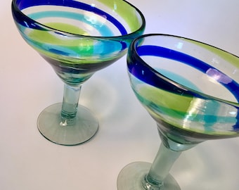 PRICE INCLUDES BOTH! Set of two large and heavy hand blown swirly margarita glasses