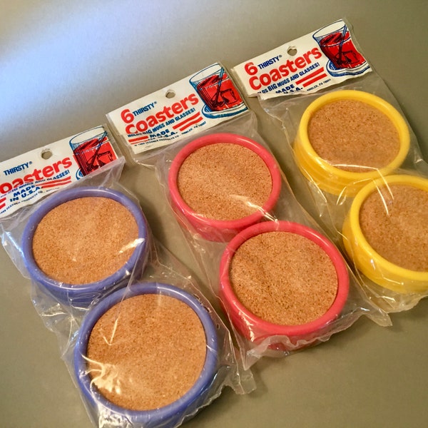 Rare find! Set of 6 "Thirsty" coasters sealed in original bag from 1989 - choose your color; purple, red or yellow plastic with cork