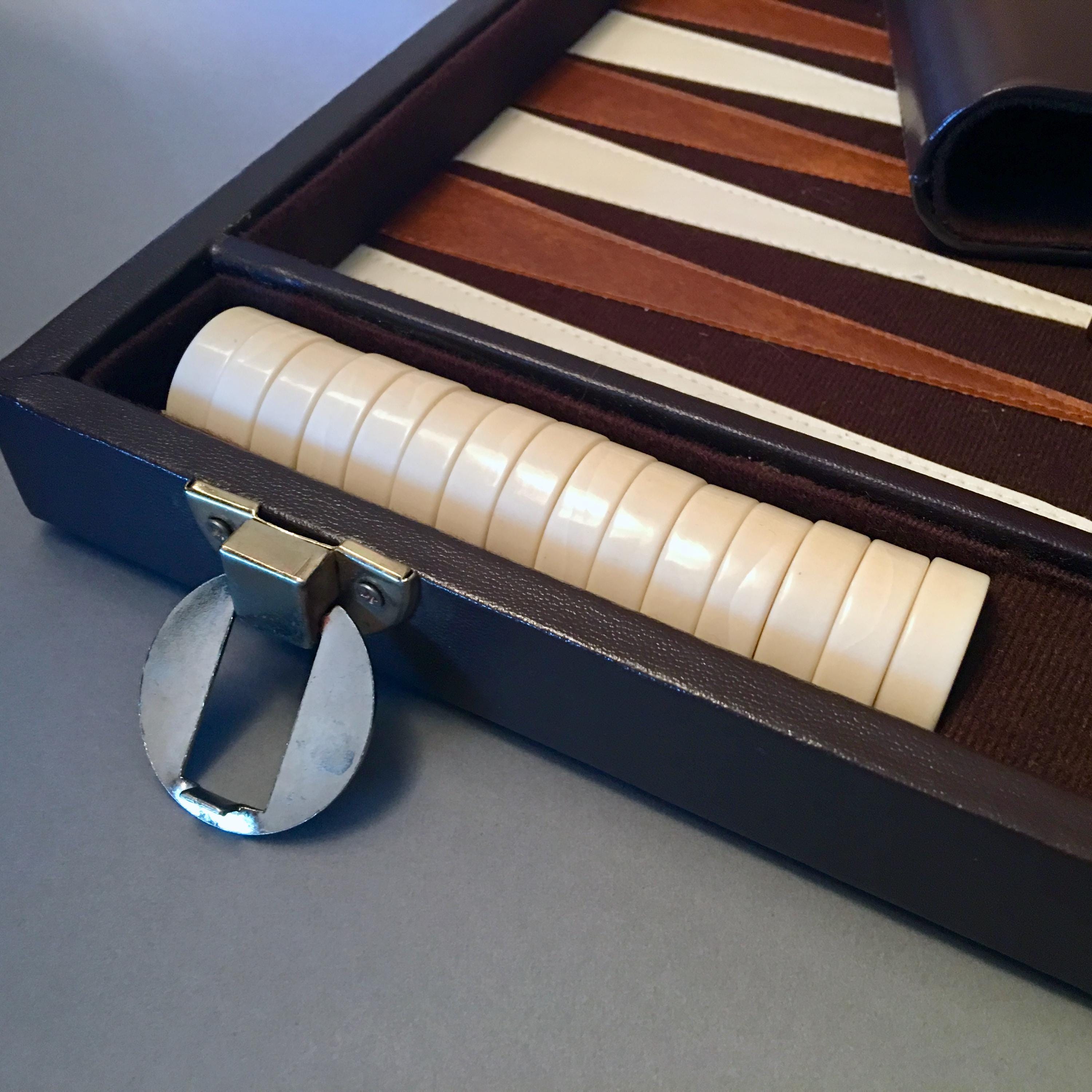 Vintage Large Backgammon Game in Brown Faux Leather Vinyl Carrying Case ...