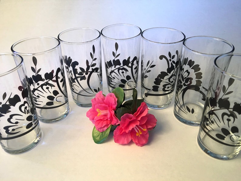 Set of Seven Small Clear Glass Tumblers With a Black Filigree Etsy