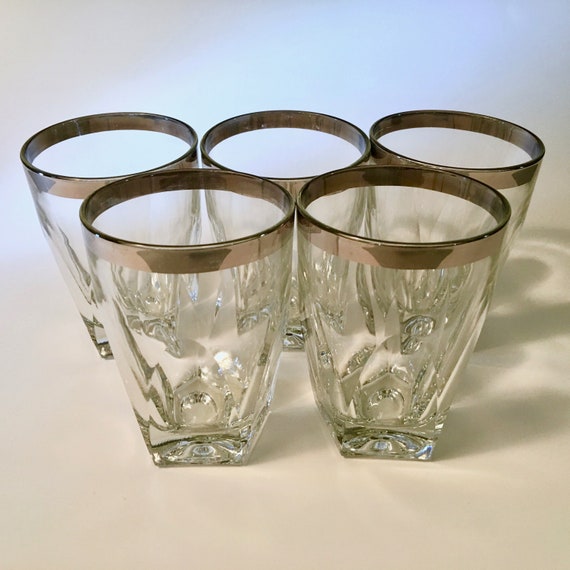 Silver Band Highball Collins Glasses Clear Set Of 6 Retro Bar Drinks