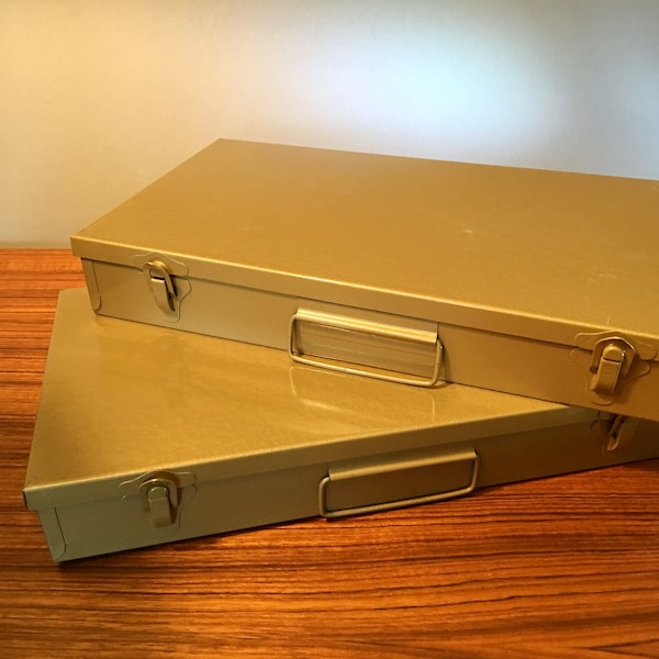 Pair of vintage Logan De Luxe gold metal storage cases - together they hold 300 35mm photography slides
