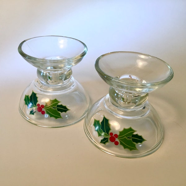 Set of two vintage Avon Holiday Hostess Collection glass holly candlestick holders - price is for the pair