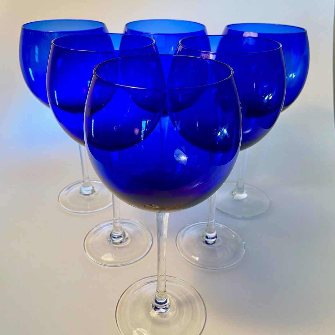 Set of Six Large Blue Balloon Wine Glasses on Clear Slender Etsy