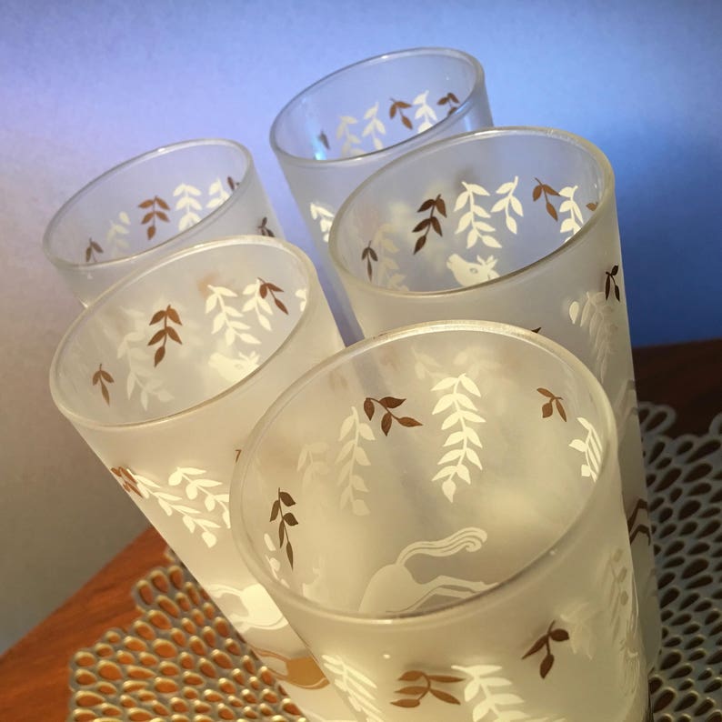 Set of five vintage Libbey tall collins frosted glassware with a