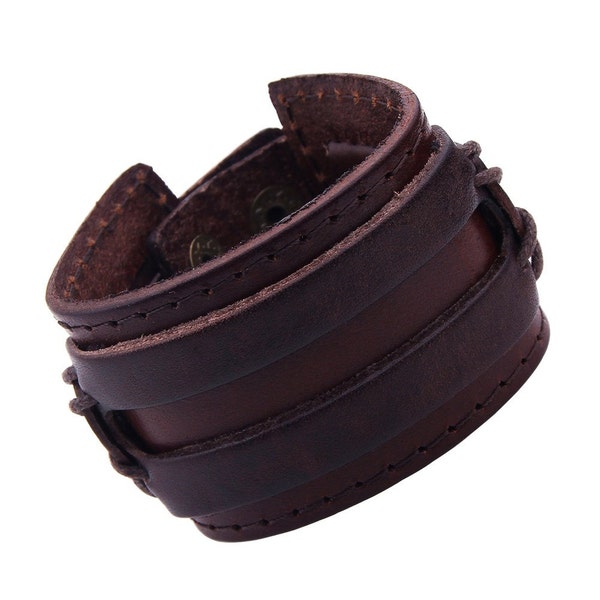 Men's Mahogany Brown Leather Cuff Bracelet with Golden Metal Clasp - Adjustable - Rock Casual Style
