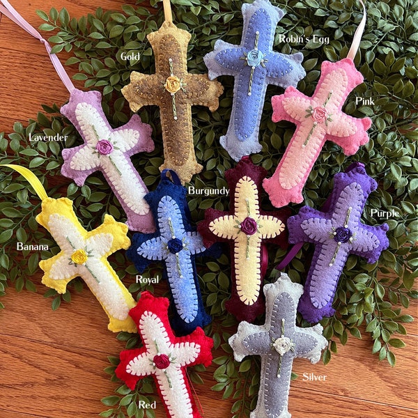 Silk Ribbon Rose Cross Wool Felt Ornament Color Choice