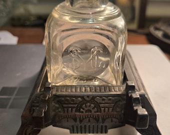 Early Ornate Cast Iron & Glass Victorian Eastlake Inkwell Dip Pen Holder Square Sanford Bottle