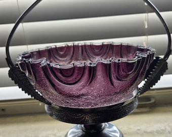 Victorian Era Brides Basket Derby Quadruple Silver plate Frame with Purple Crackle Fenton Glass Bowl.