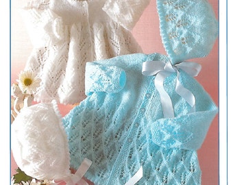 Lace Matinee Jacket and Bonnet set. Vintage Knitting Pattern PDF