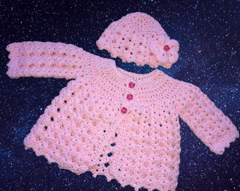 Luxury baby girl sweater and hat set. Baby cardigan. Newborn baby jacket. Anti-pill yarn