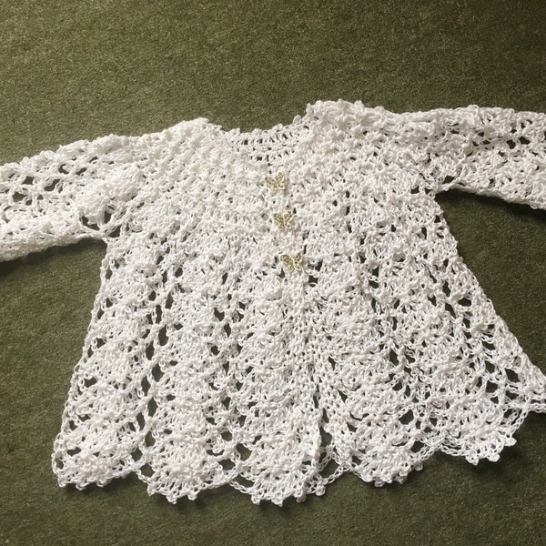 Cotton Lacy Crochet Baby Cardigan, Matinee Coat, Hand Crochet Baby Girl Sweater.