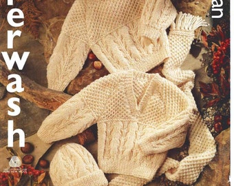 Baby Aran Sweaters with Hat, Scarf and Mittens. Vintage Baby Knitting Pattern PDF