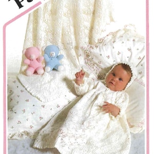 Christening Gown, Bonnet and Shawl. Vintage Knitting Pattern. PDF Download