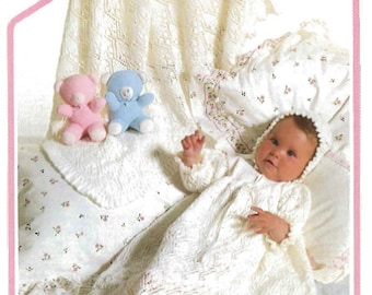 Christening Gown, Bonnet and Shawl. Vintage Knitting Pattern. PDF Download