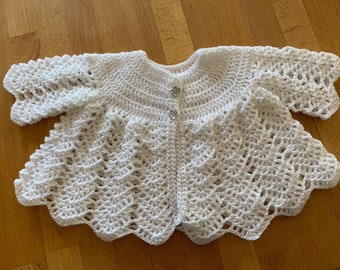 Crochet Matinee Jacket. Sizes 6 - 18 months.