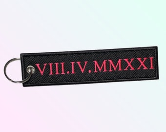 Custom Roman Numeral Date Jet Tag Keychain, Anniversary Gift, Custom Embroidered Keychain, Gifts for Her, Gifts for Him