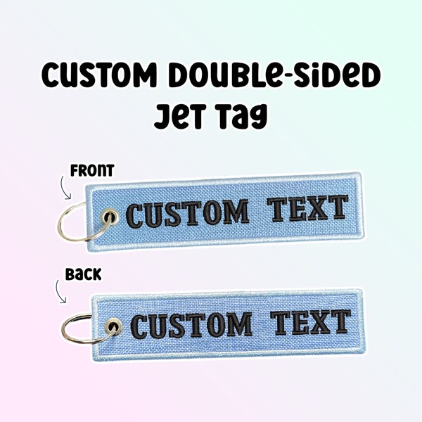 Custom Text Double-Sided Jet Tag Keychain, Flight Tag Keychain, Personalized Embroidered Jet Tag, Custom Embroidered Keychain | Premade Font