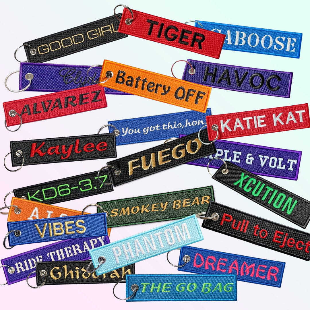 Custom Text Jet Tag Keychain, Custom Keychain, Personalized Embroidered