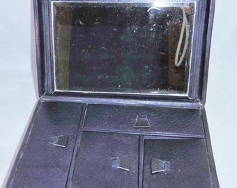 Antique French blue leather travelling jewellery box.