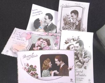 Lot of 5 vintage French Sweetheart postcards, 1930s-40s, WWII occupation.