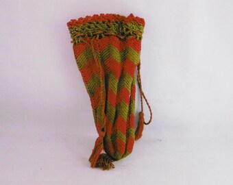 Antique French hand crocheted drawstring purse. Cherry red and pea green chevron pattern.