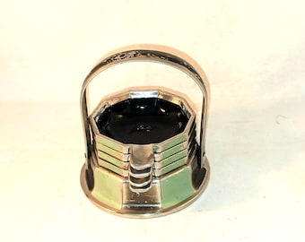 Art deco Rowenta ashtrays and dispenser in chromed metal and enamel. German, bauhaus, pea green and black.