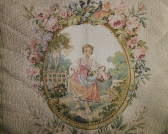 Devine antique French woven wool tapestry. Pale pastels, flower girl. Cushion panel