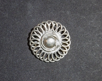Unusual vintage French white metal brooch. Stylised flower? Coiled wirework.