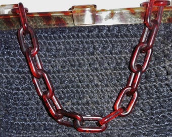 Lovely large vintage French crocheted bag with faux tortoise shell celluloid handle. Excellent condition.