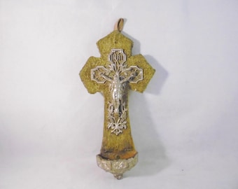 Petit, small antique French crucifix, Benetier, holy water font in green velvet. Napoleon III, Victorian decor