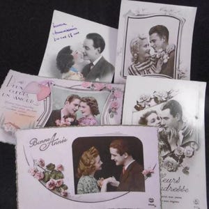 Lot of 5 vintage French Sweetheart postcards, 1930s-40s, WWII occupation.