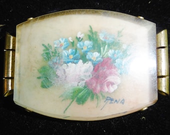 Antique French Celluloid Brooch: Hand Painted Floral Bouquet, Signed PENA