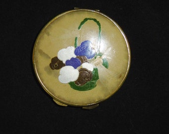 French Art Deco loose powder compact. Hand painted floral basket. VGC