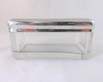 Chic antique French trinket box. Glass box with Nickel plated lid. Super condition, very stylish