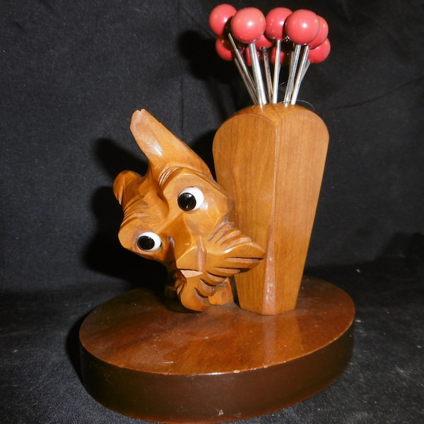 Cheeky pup cocktail stick holder. Hand carved vintage French table ware