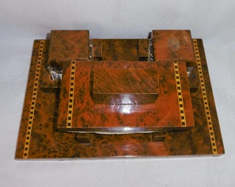 Vintage solid burr walnut inkwells, pen rest and blotter. Desktop, bureau, office