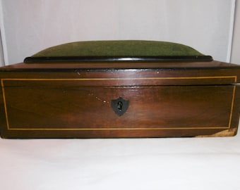 Antique Boxwood Inlaid Jewelry Box: Rosewood Veneer Hatpin Cushion