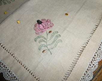 Pretty hand made antique French table centre. Unbleached metis and silk embroidery. 18" x 14"